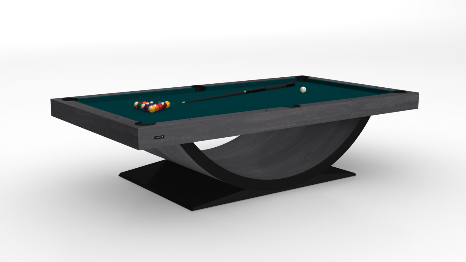 Discover the luxury of the Theseus Pool Table, a modern masterpiece with a curved base on a sleek black platform. It boasts a dark green felt surface, vibrant billiard balls arranged in a triangle, and comes with a cue stick and white cue ball.