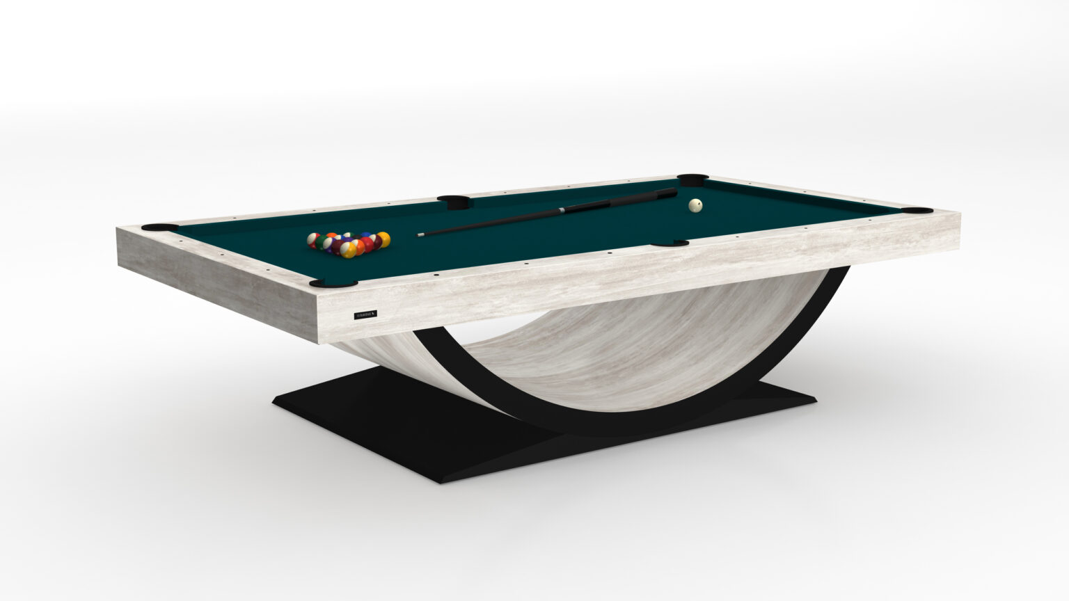 The Theseus Pool Table is a luxury piece with a unique curved base on a sleek black platform, boasting a green surface with a triangle rack of balls, cue stick, and separate white ball—a true standout among luxury game tables.