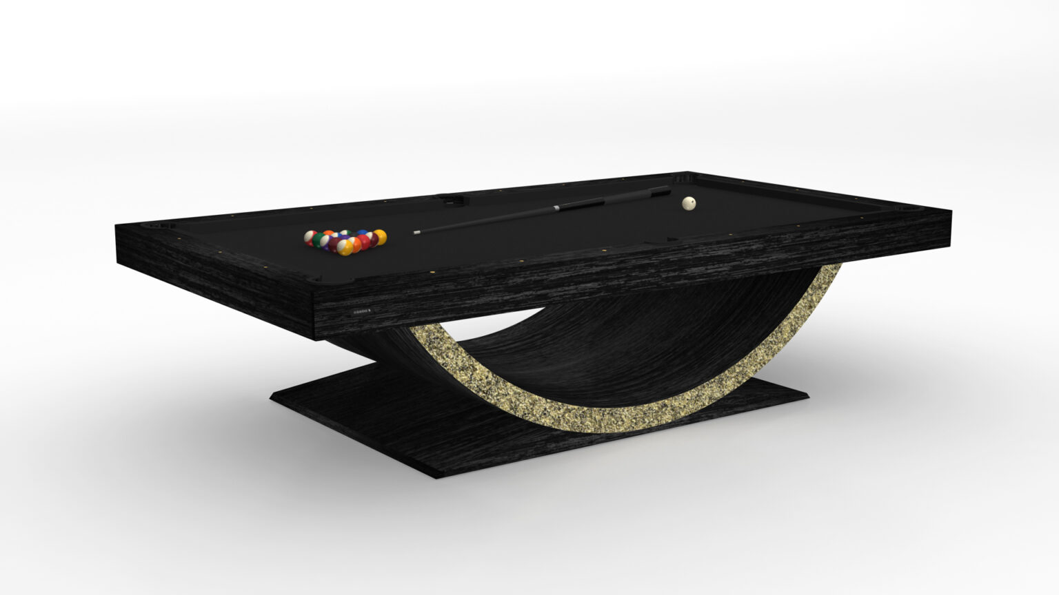 Elevate your game room with the luxurious Theseus Pool Table, featuring a sleek black finish and distinctive curved base against a white backdrop, complete with an artfully arranged set of balls and cue stick for your next match.