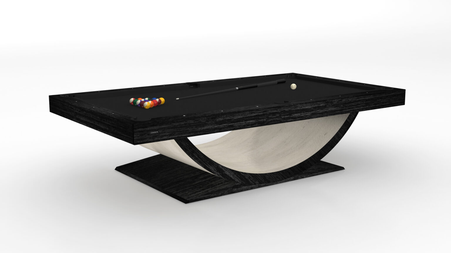 The Theseus Pool Table is a luxury game table with a sleek black top, complete with a cue stick, a triangle of colored balls, and a white cue ball. Its stylish curved black and white base stands out beautifully against a plain white background.