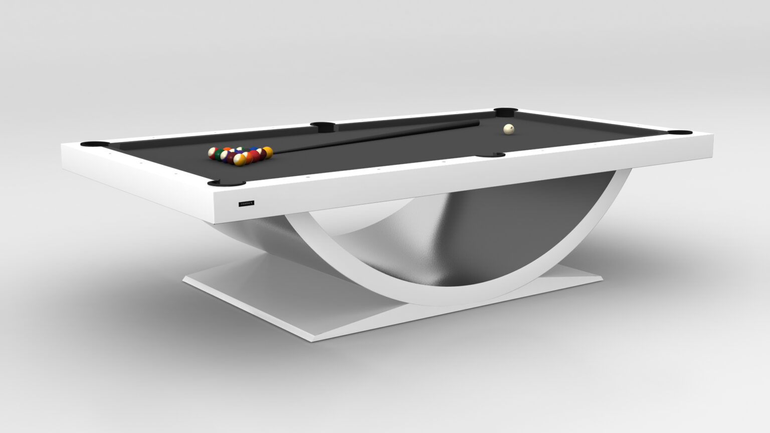 The Theseus Pool Table is a luxury game table with a modern, sleek white base and black playing surface. A cue stick, white cue ball, and racked billiard balls sit on top. Its curved base design beautifully contrasts with the tables clean lines.