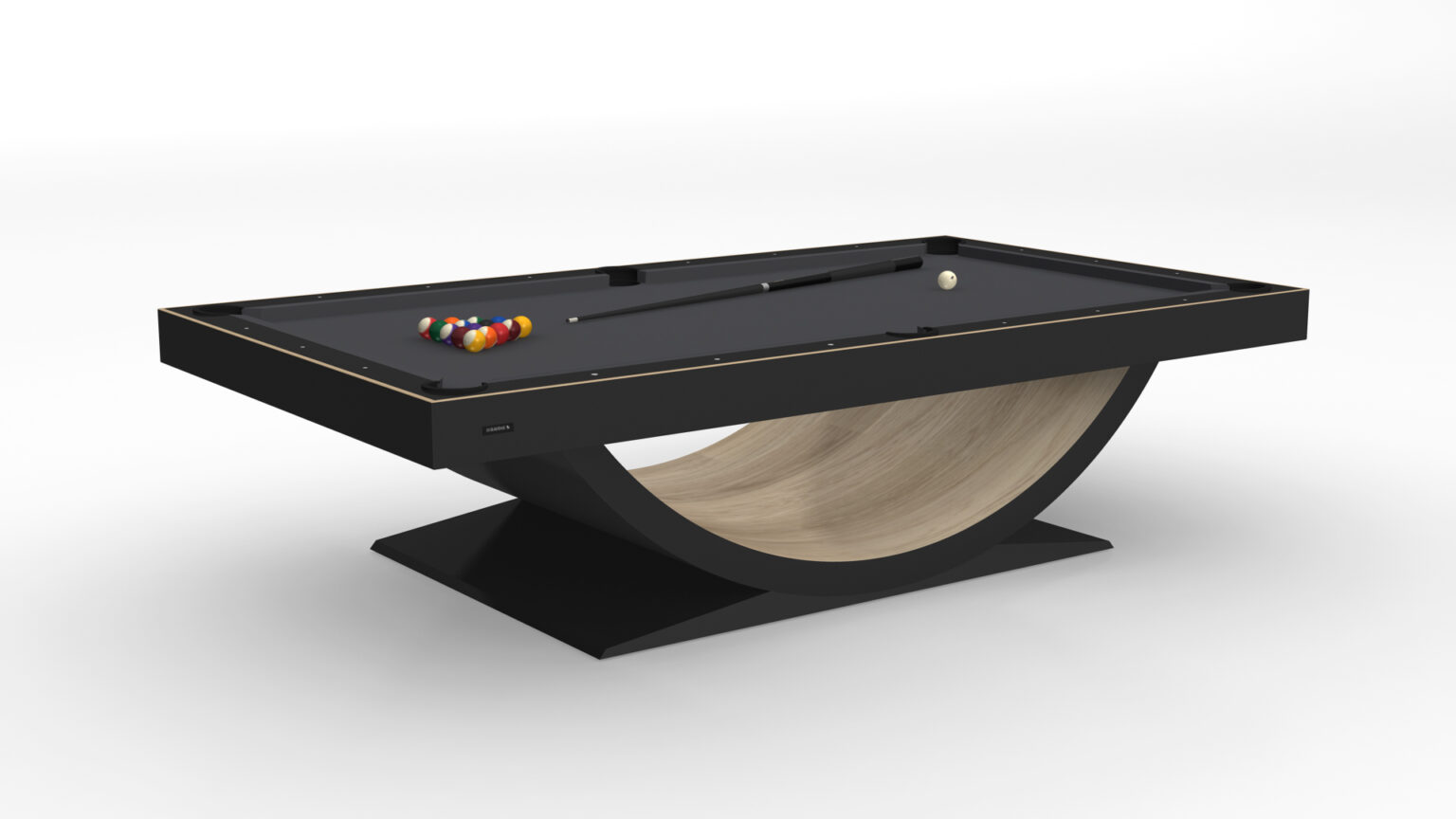 The Theseus Pool Table is a modern luxury game table with a sleek black top and curved wooden base. It comes with racked billiard balls and a resting cue stick, combining elegant black surfaces and a natural wood finish for an opulent touch.