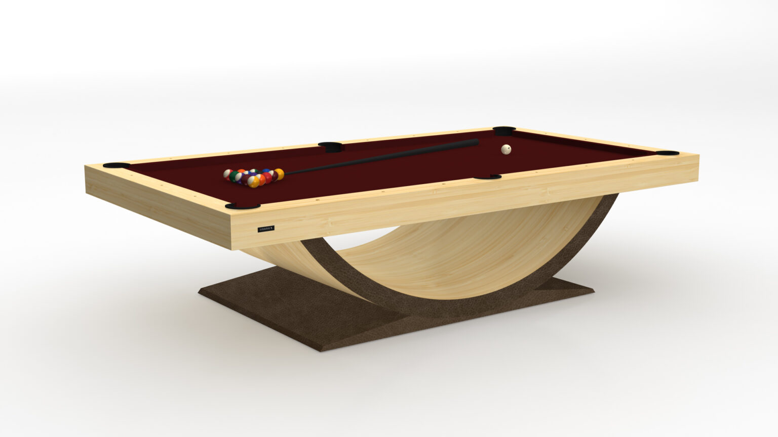 The Theseus Pool Table epitomizes luxury with its modern design, featuring a sleek, wooden crescent-shaped base. It includes a burgundy playing surface, racked billiard balls, and a cue stick, all elegantly resting on a flat, dark brown platform.