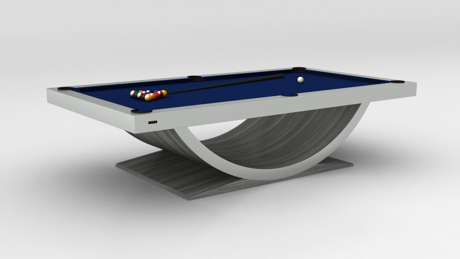 The Theseus Pool Table is a luxury game table featuring a modern curved base and vibrant blue felt. Billiard balls are neatly arranged with a cue stick resting on top, creating an elegant scene against a plain white background, highlighting its sophisticated allure.