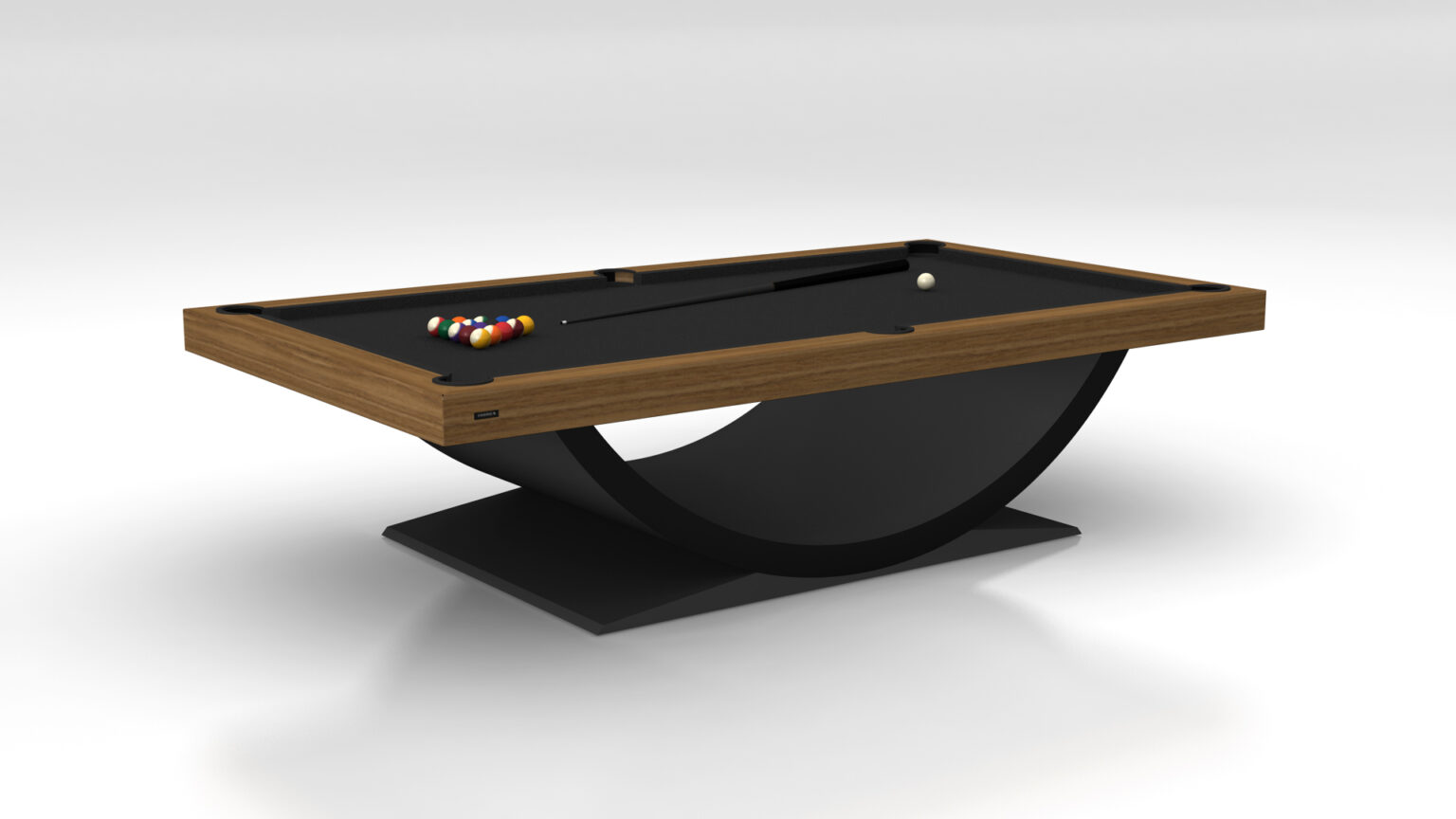 The Theseus Pool Table is a modern and luxurious addition, featuring a sleek black base and wooden frame. Colorful balls and a cue stick contrast against the dark surface, while the light gray background enhances its elegance as a sophisticated centerpiece.