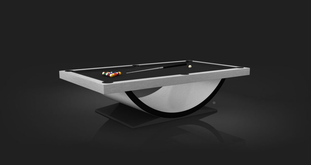 The Theseus Pool Table is a luxury game table with a sleek, curved base and minimalist design. The elegant black felt surface holds a cue stick and billiard balls, exuding sophistication and style against its dark background.