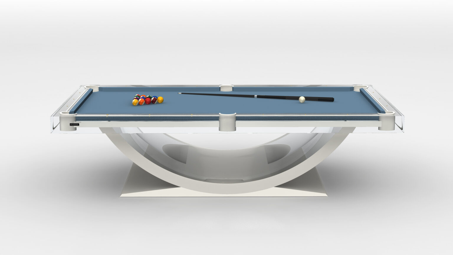 Explore luxury with the Theseus Pool Table, showcasing a sleek curved white base and a bold blue playing surface. Pool balls are neatly racked at one end, while a cue stick rests elegantly across the table.