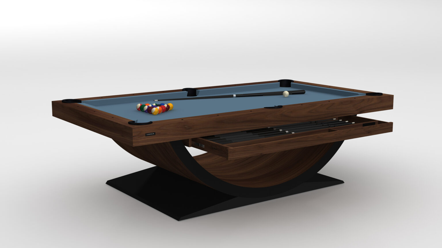 The Theseus Pool Table offers luxury with a curved wooden base, sleek blue felt surface, and triangle of colorful billiard balls with a cue ball set apart. A rack and cues store underneath, enhancing its sophisticated design.