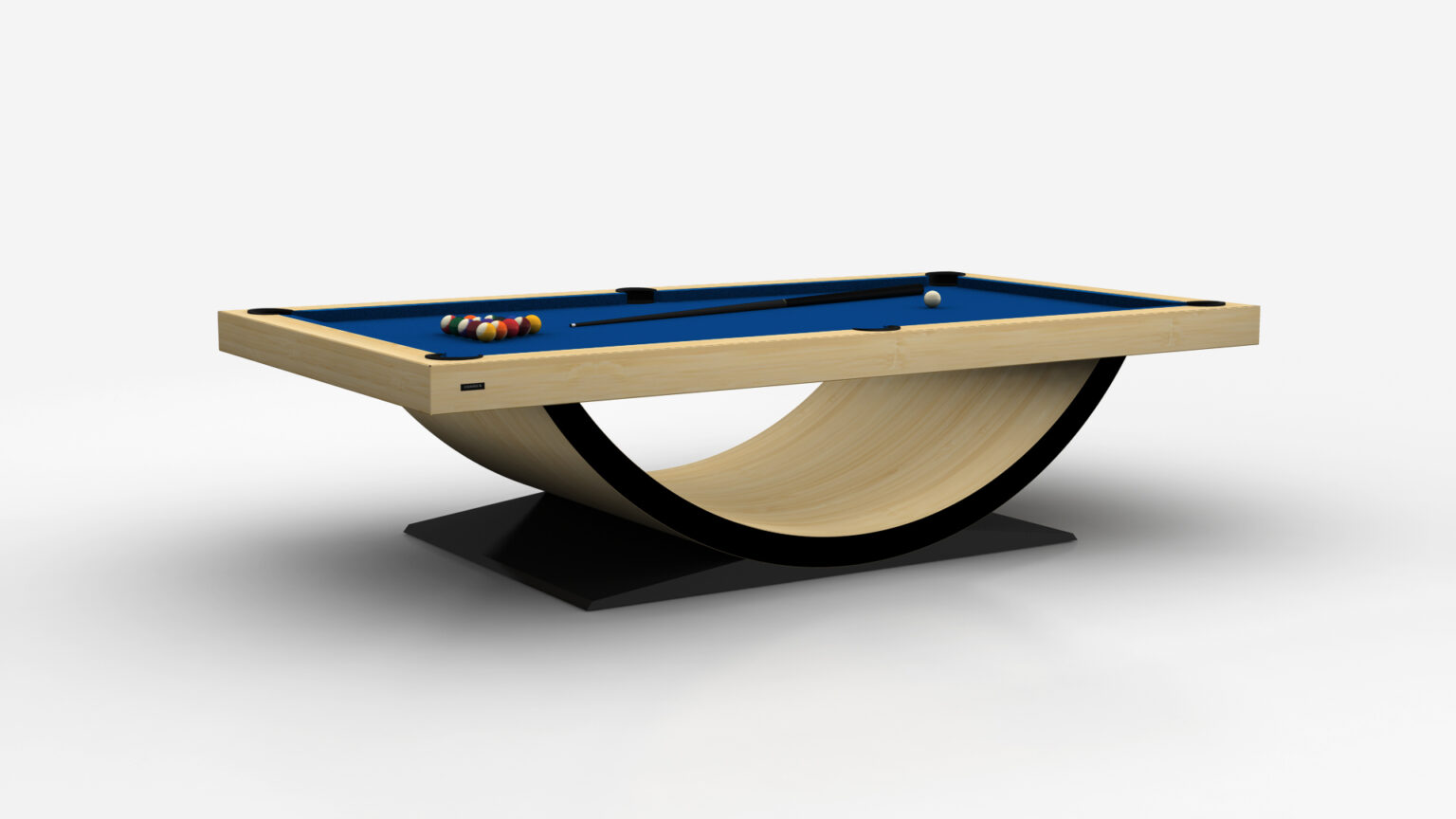 The Theseus Pool Table is a luxury game table with a modern design, featuring a unique curved wooden base and blue felt surface. A cue stick rests nearby, with racked balls and a poised white cue ball on its elegant black platform to command attention.