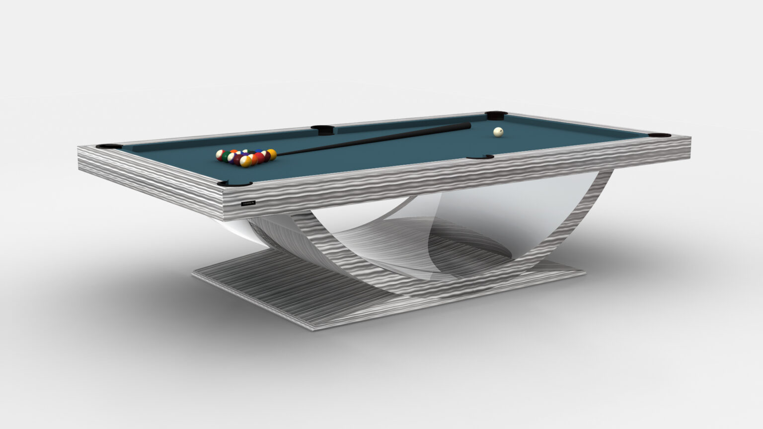 The Theseus Pool Table is a contemporary luxury game table featuring a sleek, curved base and minimalist design. Billiard balls are racked, and a cue stick rests on its blue-green surface in the bright, modern room.