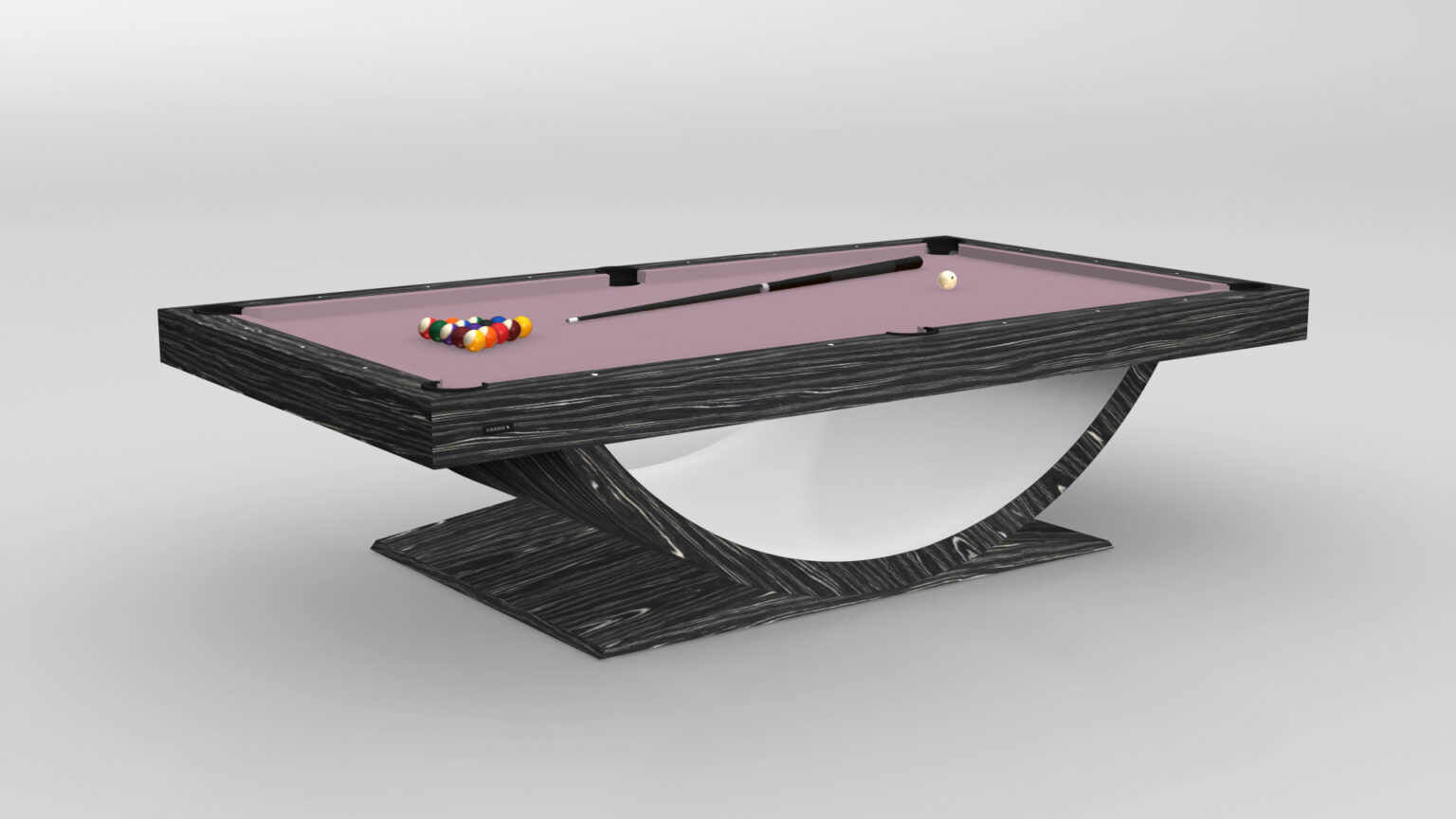 The Theseus Pool Table is a luxury game table with a modern black-and-white design and a unique curved base. Its gray surface comes ready for play with pool balls and a cue. A simple light gray backdrop enhances its sleek elegance.