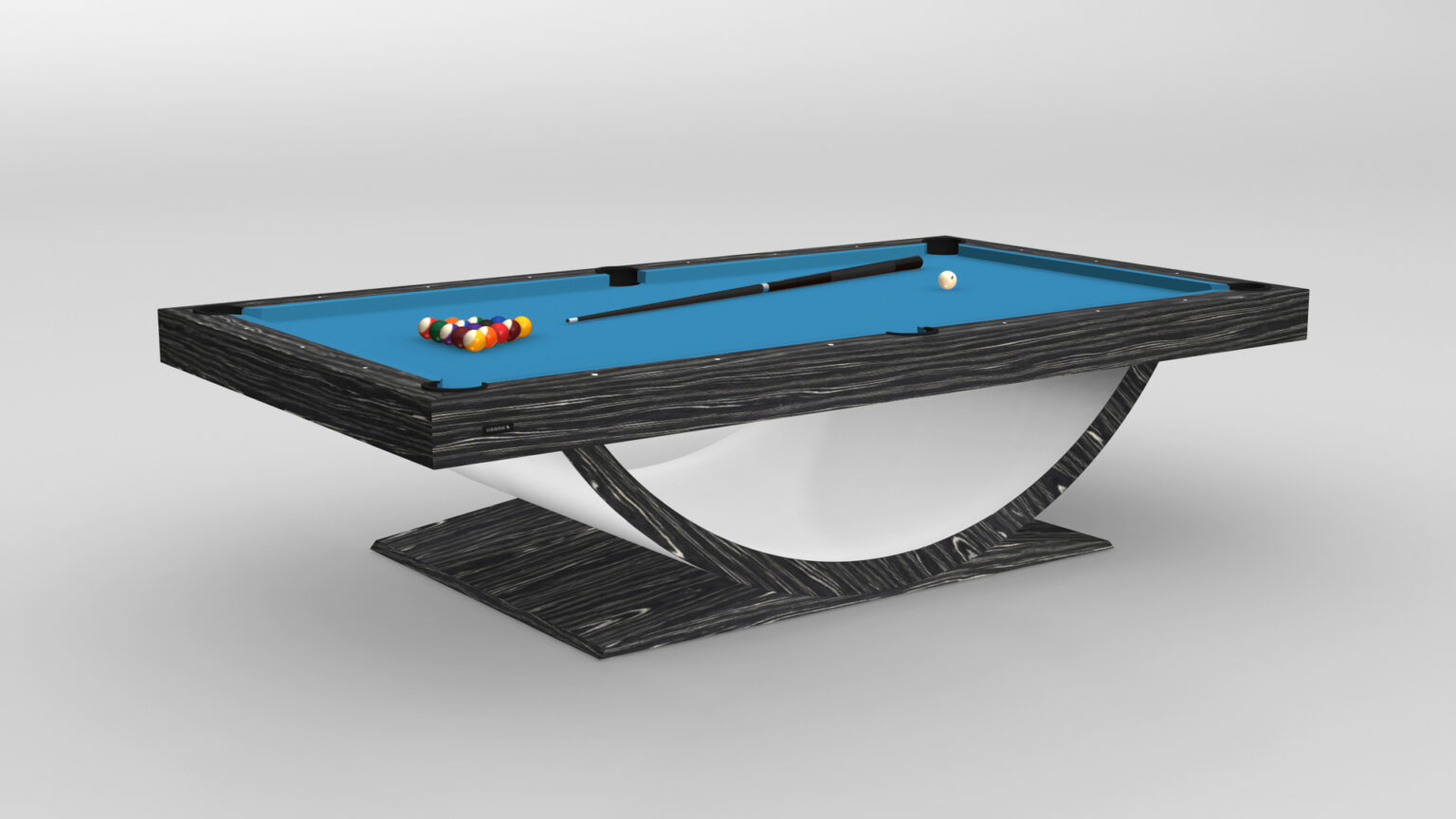 The Theseus Pool Table is a luxury game table with a modern design, featuring a sleek black and white look and blue felt surface. Billiard balls are arranged in a triangle, while a cue stick rests gracefully on its elegant, curved base.