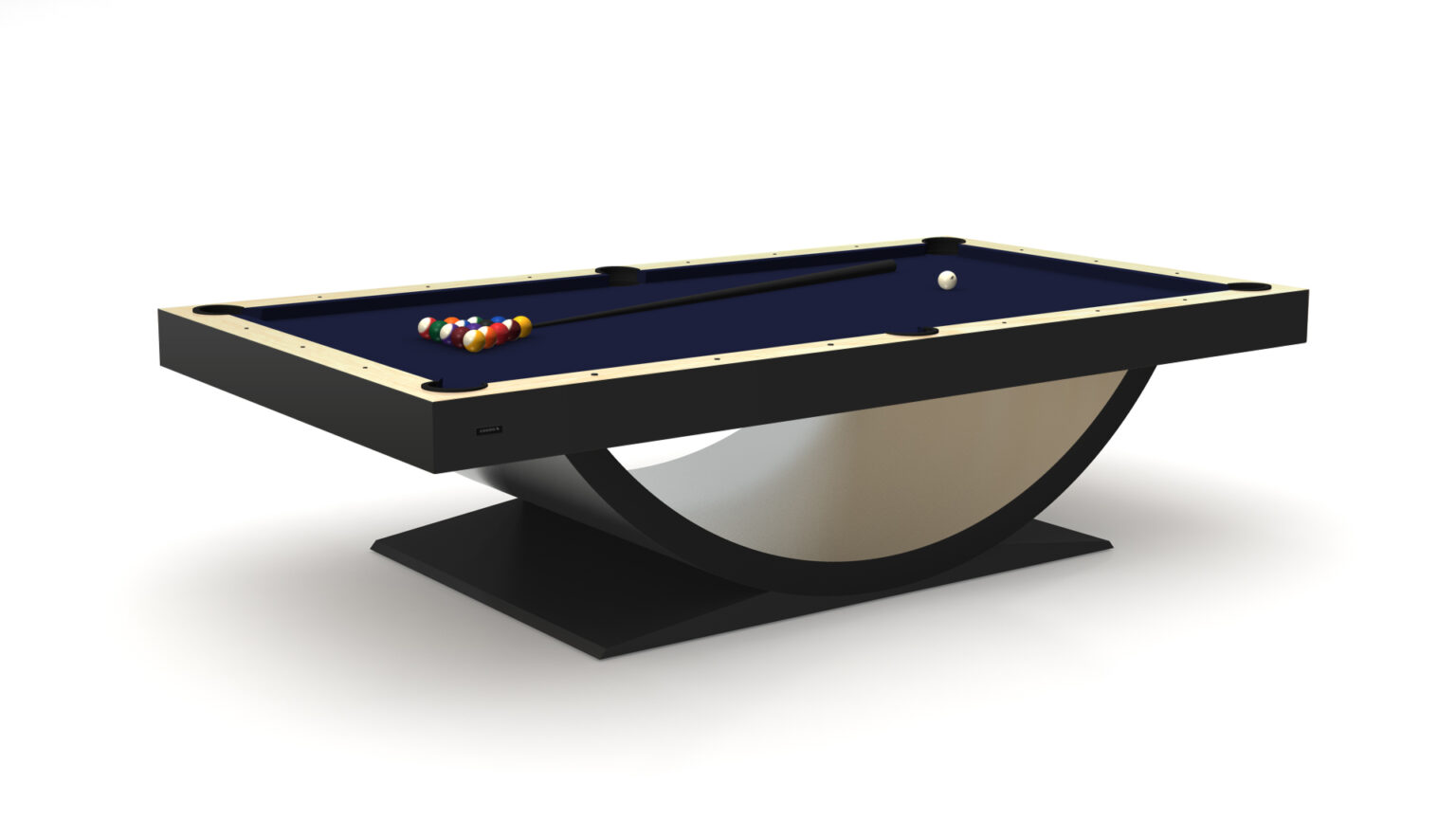 The Theseus Pool Table epitomizes luxury game tables with its modern black and beige design and unique curved base, featuring a cue stick, racked billiard balls, and a single white cue ball on a dark blue playing surface.