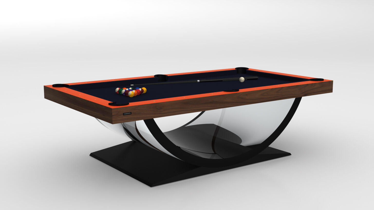 Discover the allure of the luxurious Theseus Pool Table, featuring a modern design with a curved glass base, wooden edge, and sleek black felt. Pool cues and balls are neatly arranged on the table against a plain white background.