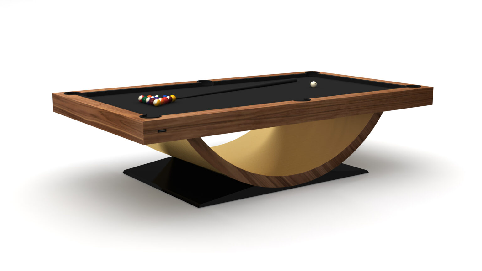 The Theseus Pool Table is a luxury game table with a sleek wooden design and unique curved base. It features a black felt top, neatly arranged balls at one end, and stands gracefully on a black platform, epitomizing elegance in recreational furniture.