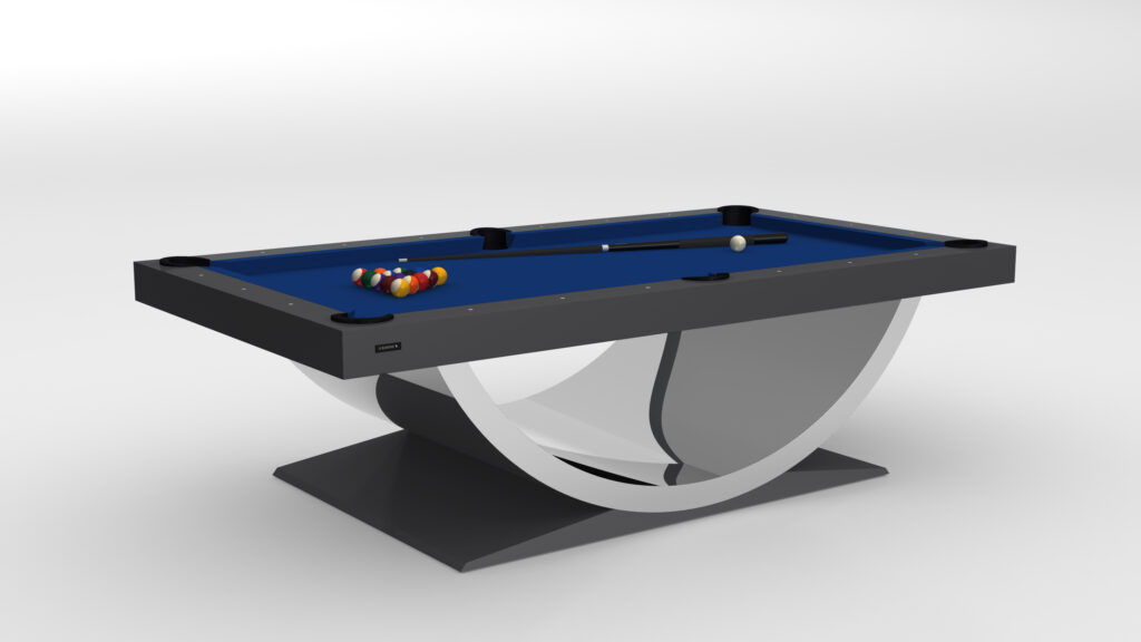 The Theseus Pool Table exemplifies modern luxury with its sleek, curved base. Its blue playing surface is ready for action, featuring a racked set of balls, a cue ball, and cue stick—all beautifully presented against a minimalist white background.