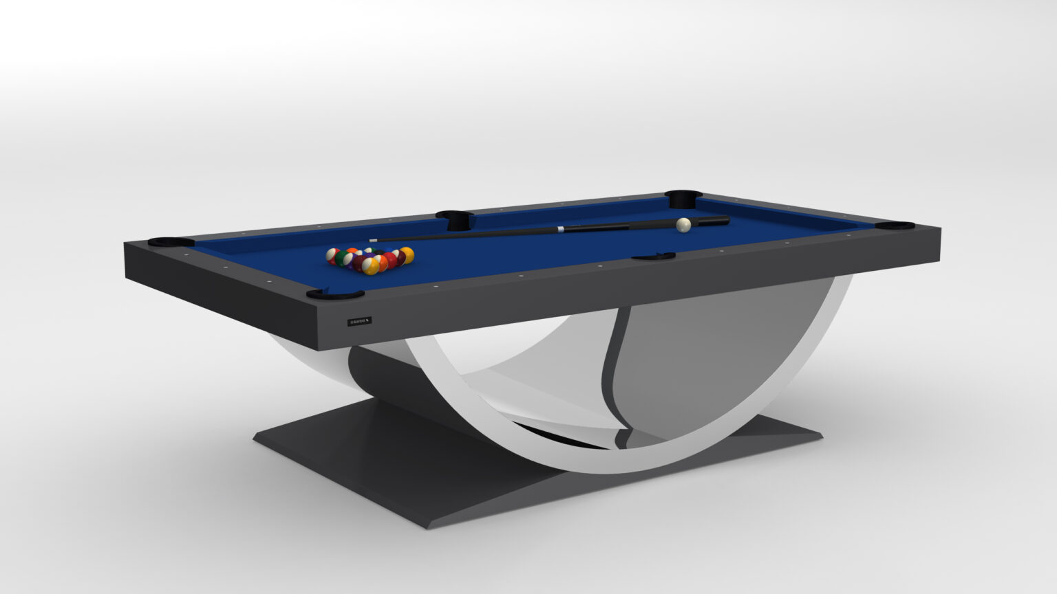 The Theseus Pool Table exemplifies modern luxury with its sleek, curved base. Its blue playing surface is ready for action, featuring a racked set of balls, a cue ball, and cue stick—all beautifully presented against a minimalist white background.