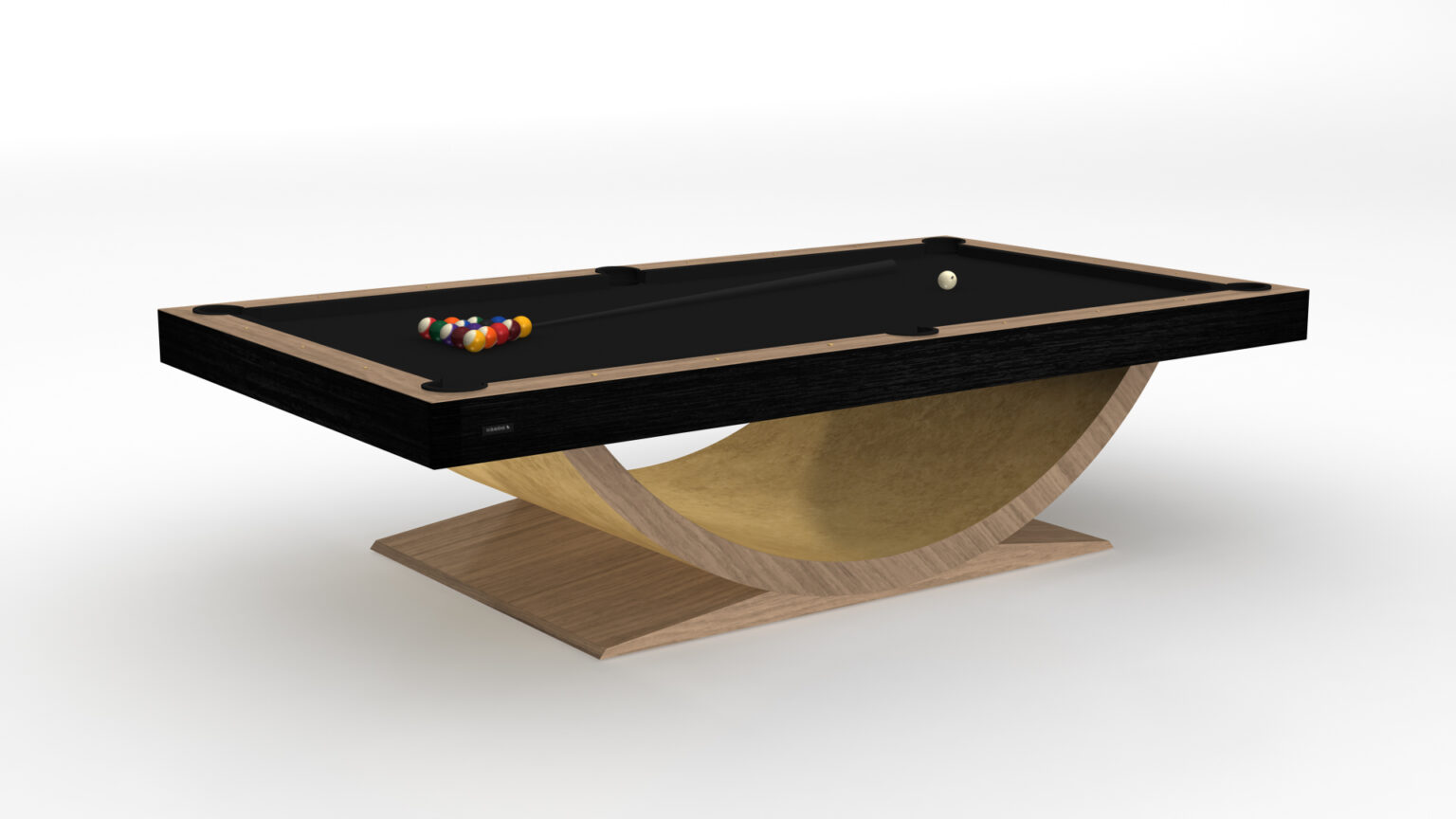 The Theseus Pool Table is a modern luxury game table with a curved wooden base and sleek black playing surface. Pool balls, arranged in a triangle at one end, are ready for action. The elegant table stands out against a plain white background.