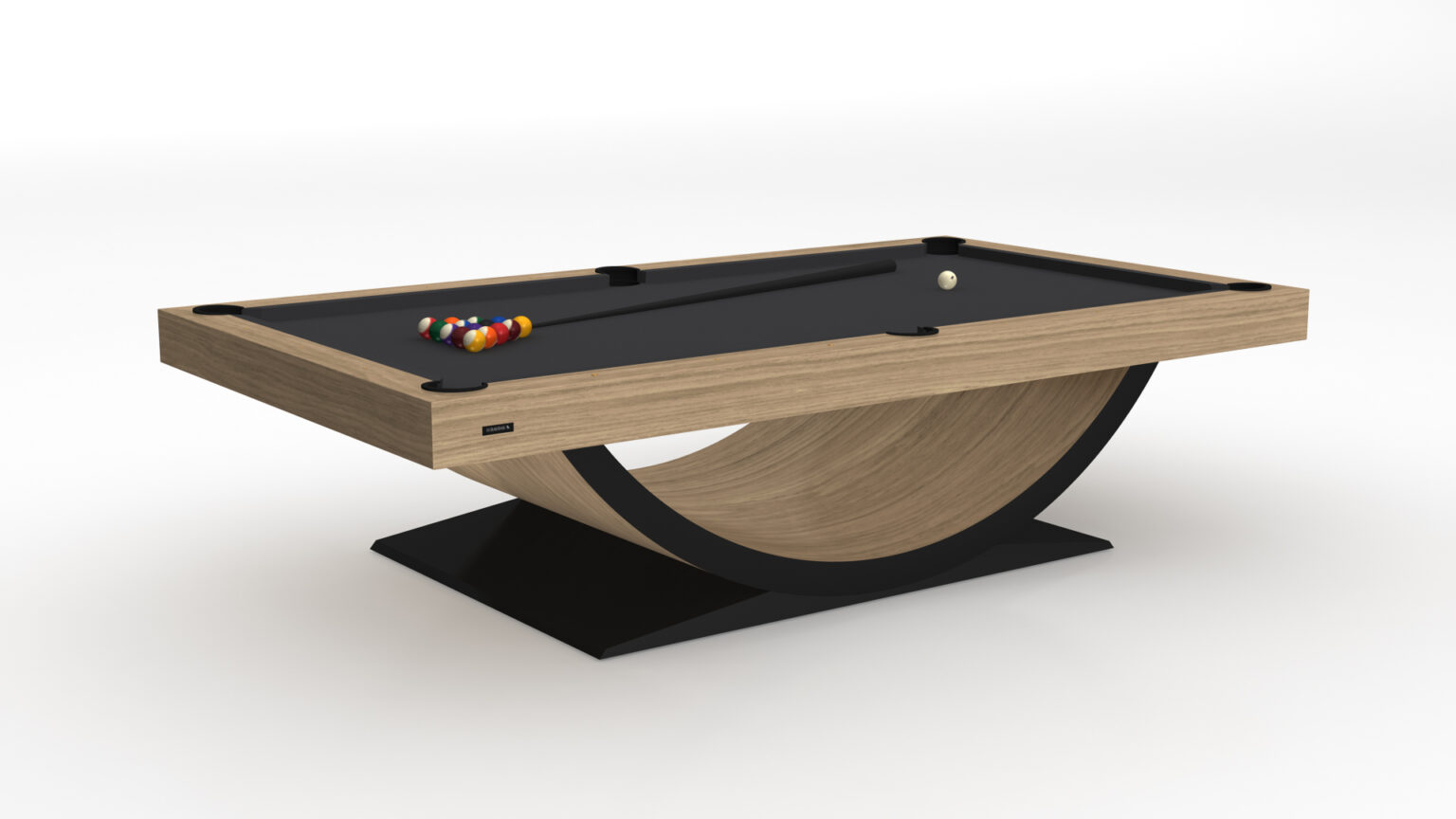 The Theseus Pool Table is a luxury game table with a sleek wooden base and black playing surface. A triangle of colored balls and a white cue ball await action. Its elegant curved design on a rectangular platform exudes sophistication.