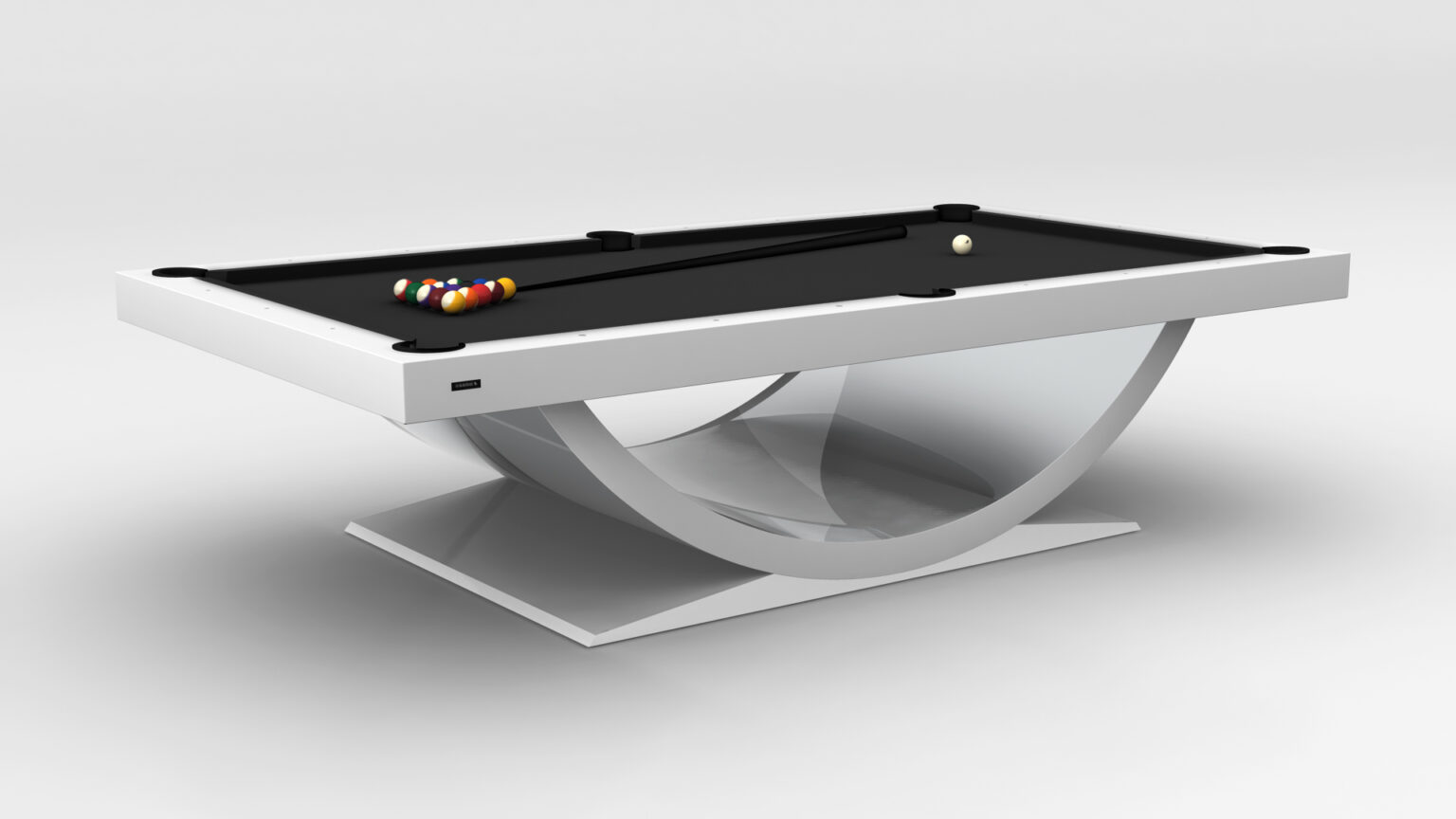 The Theseus Pool Table is a sleek, modern luxury game table with a white and black design featuring a curved base. It comes with billiard balls arranged in a triangle and a cue stick resting on the edge.