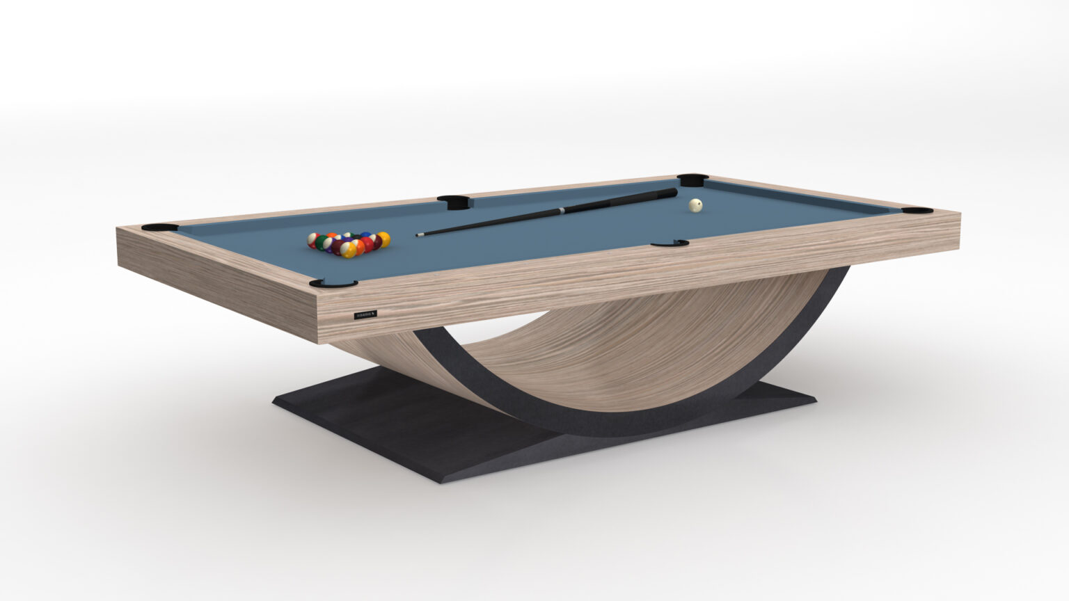 The Theseus Pool Table is a luxury game table featuring a sleek wooden curved base and blue felt top. A cue stick and neatly arranged rack of balls are on the table, with one ball near a pocket against a plain white background.