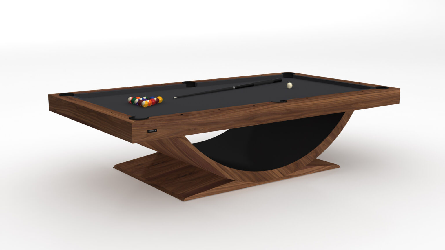 The Theseus Pool Table is a modern luxury game table with a sleek wooden design and curved base, featuring a smooth dark playing surface complete with a cue stick, billiard balls, and cue ball.