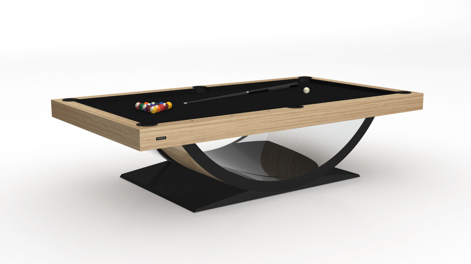 The Theseus Pool Table is a modern luxury game table featuring a wooden frame and sleek black base. Its elegantly black playing surface showcases a cue stick and billiard balls artfully arranged in one corner.