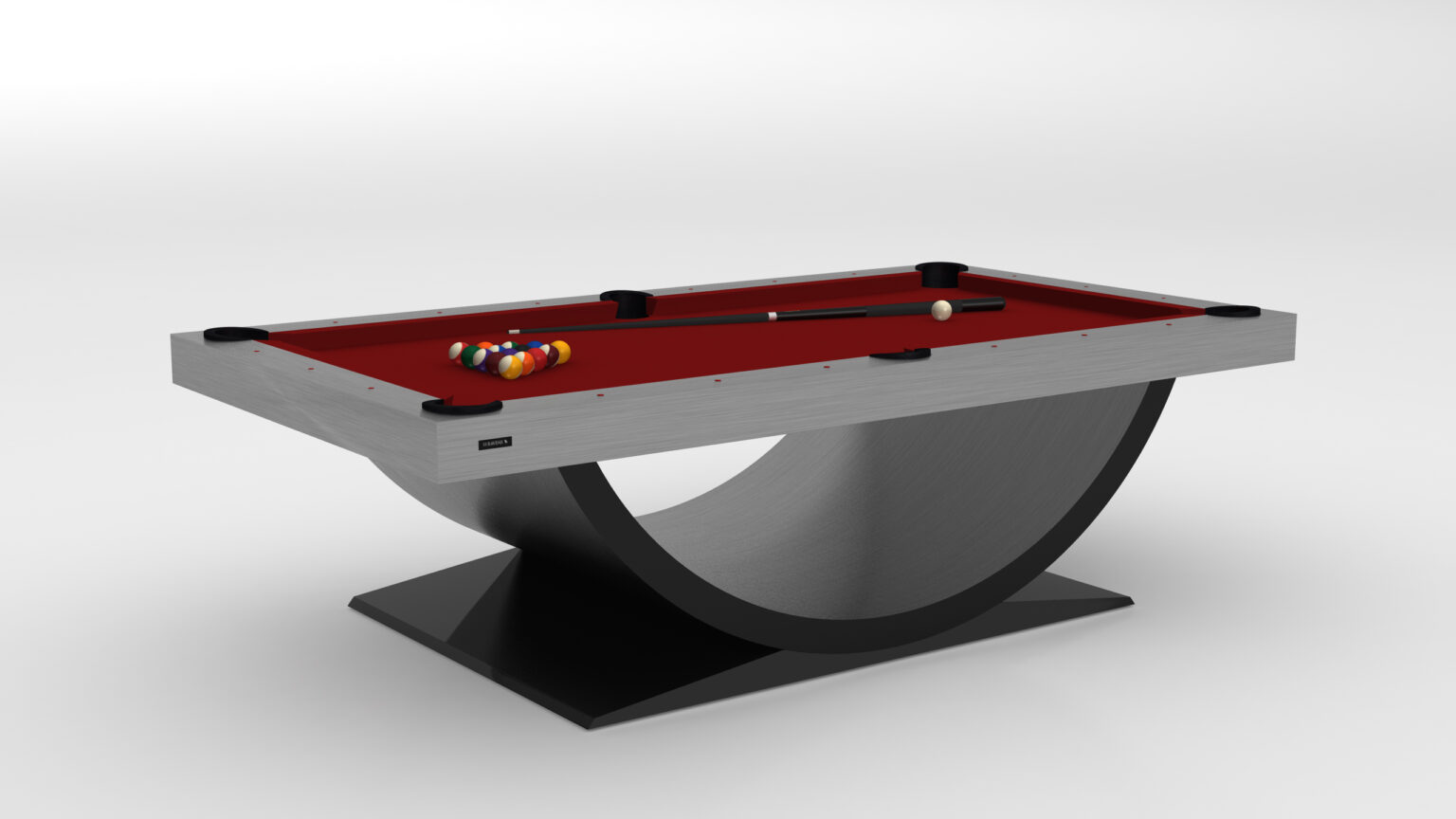 The Theseus Pool Table is a luxury game table featuring a sleek, curved base and vibrant red felt, with colorful billiard balls arranged in a triangle and an elegantly crafted cue stick.