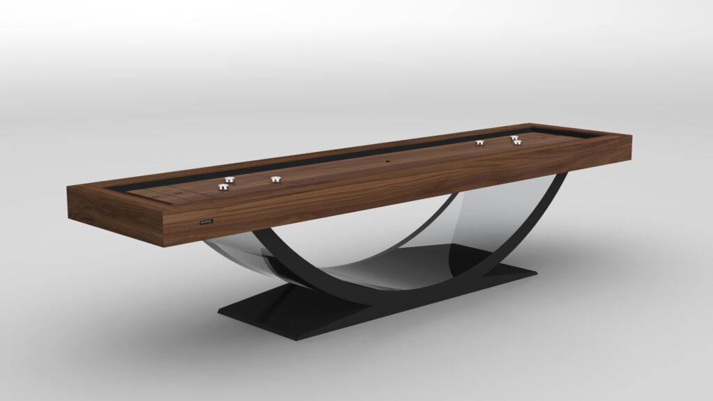 The Theseus Shuffleboard Table showcases a wooden playing surface, clear curved legs, and a black base on a white background, with several pucks arranged on the elegant board.