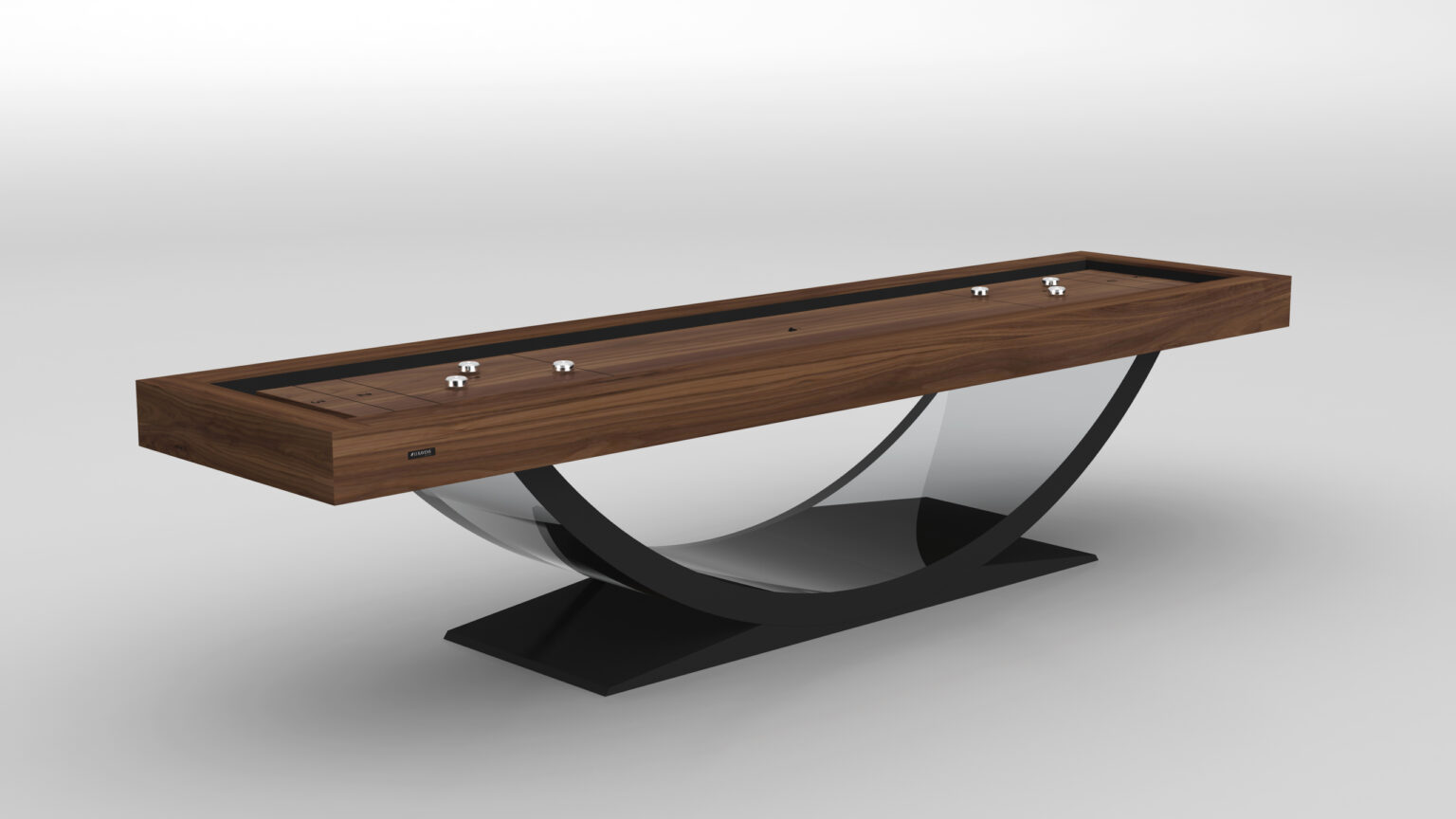The Theseus Shuffleboard Table showcases a wooden playing surface, clear curved legs, and a black base on a white background, with several pucks arranged on the elegant board.