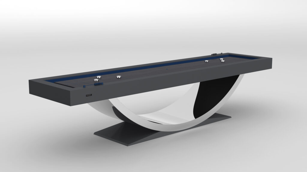 The Theseus Shuffleboard Table features a sleek dark rectangular top, a curved black and white base, and comes with four pucks on the playing surface, shown against a plain light background.