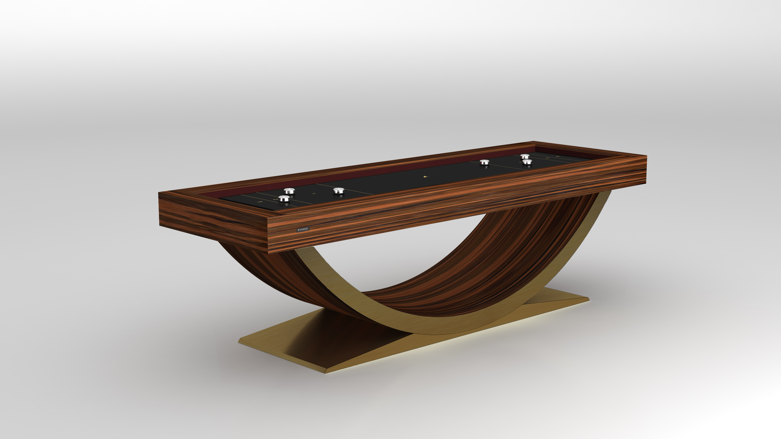 The Theseus Shuffleboard Table is a modern piece with a rectangular wooden top, black glass surface, metallic accents, a curved wooden base, and flat gold-colored bottom, all set against a plain light gray background.