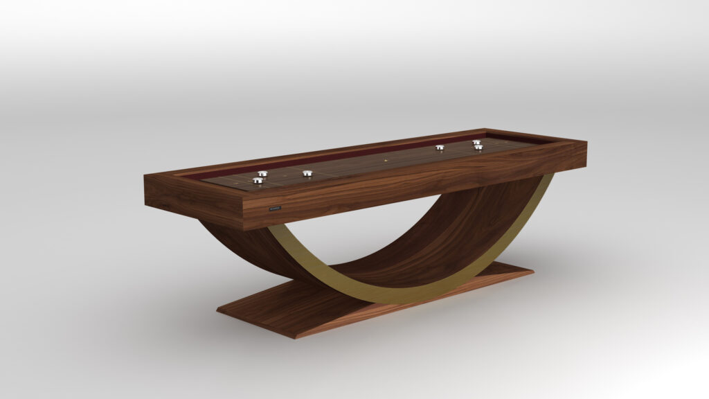 The Theseus Shuffleboard Table features a modern wooden rectangular top and a curved gold metal base, set against a plain white background.