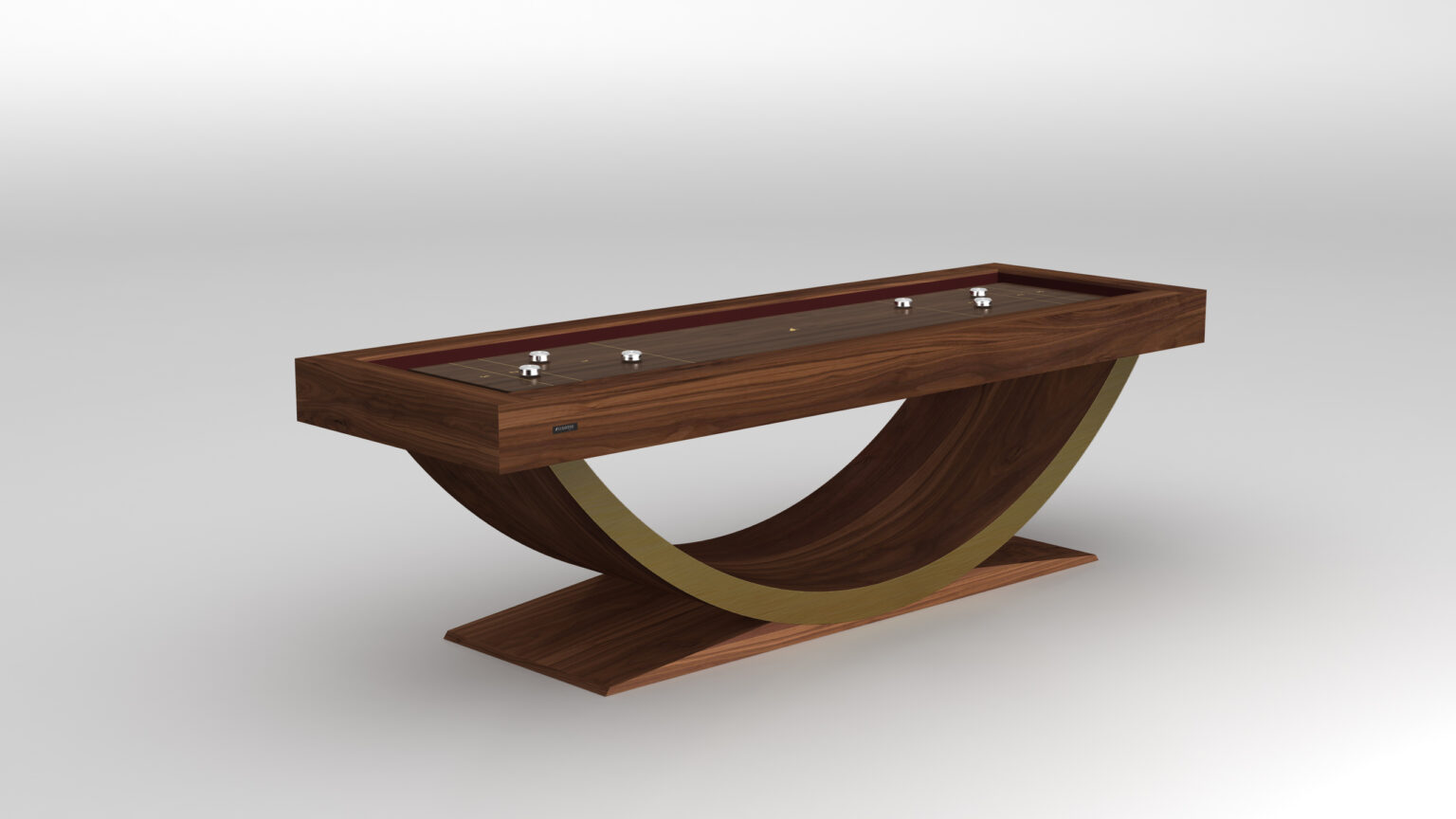The Theseus Shuffleboard Table features a modern wooden rectangular top and a curved gold metal base, set against a plain white background.