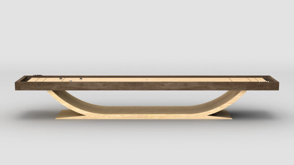 The Theseus Shuffleboard Table features a modern design with a light wood curved base and a dark wood playing surface, displayed against a plain gray background.