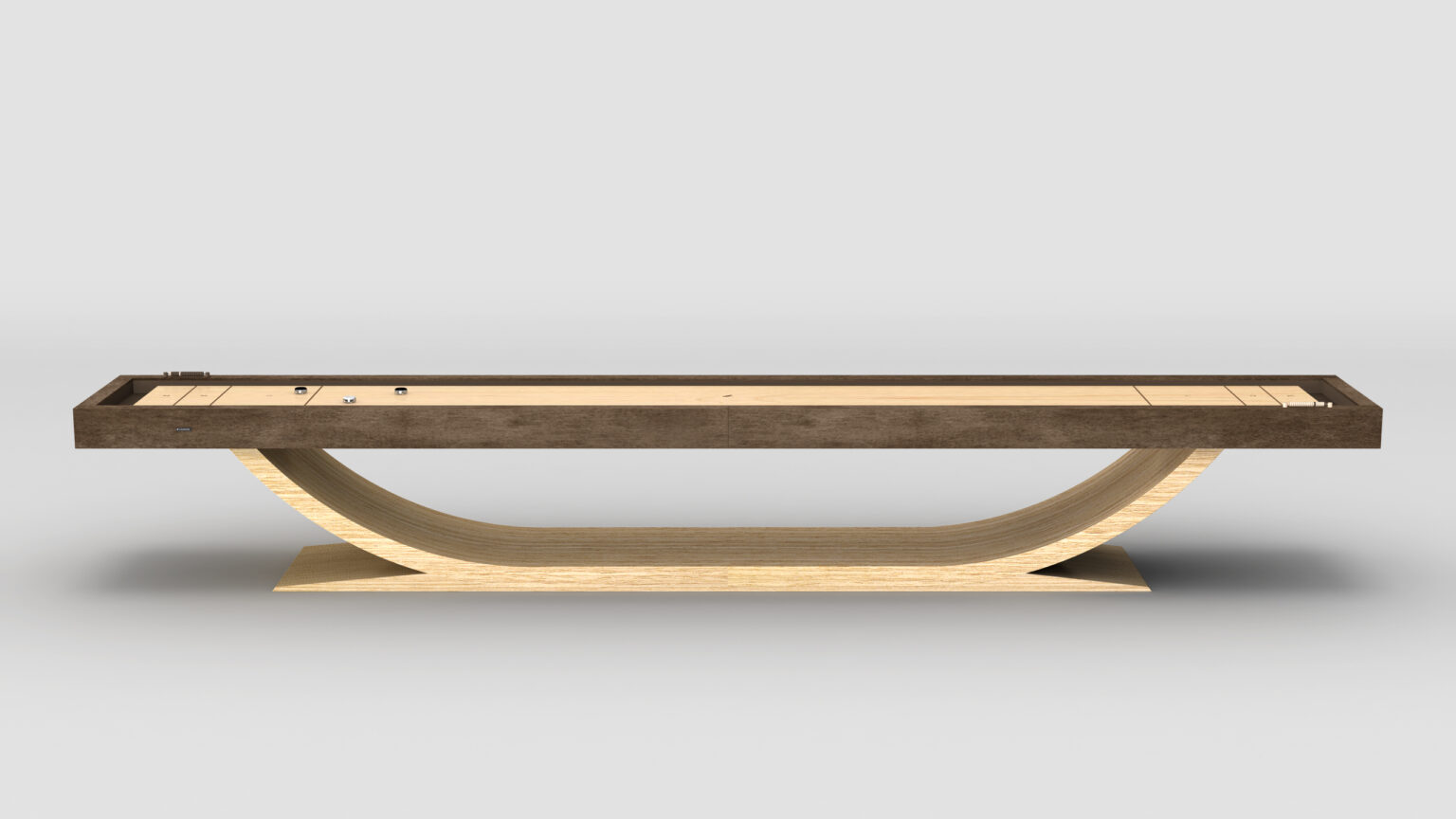 The Theseus Shuffleboard Table features a modern design with a light wood curved base and a dark wood playing surface, displayed against a plain gray background.