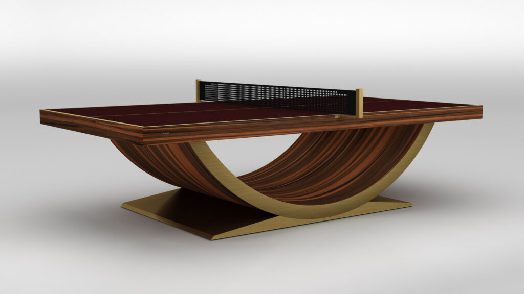 The Theseus Ping Pong Table showcases a maroon top, black net, and curved wooden and gold base, offering a modern look against a white background.