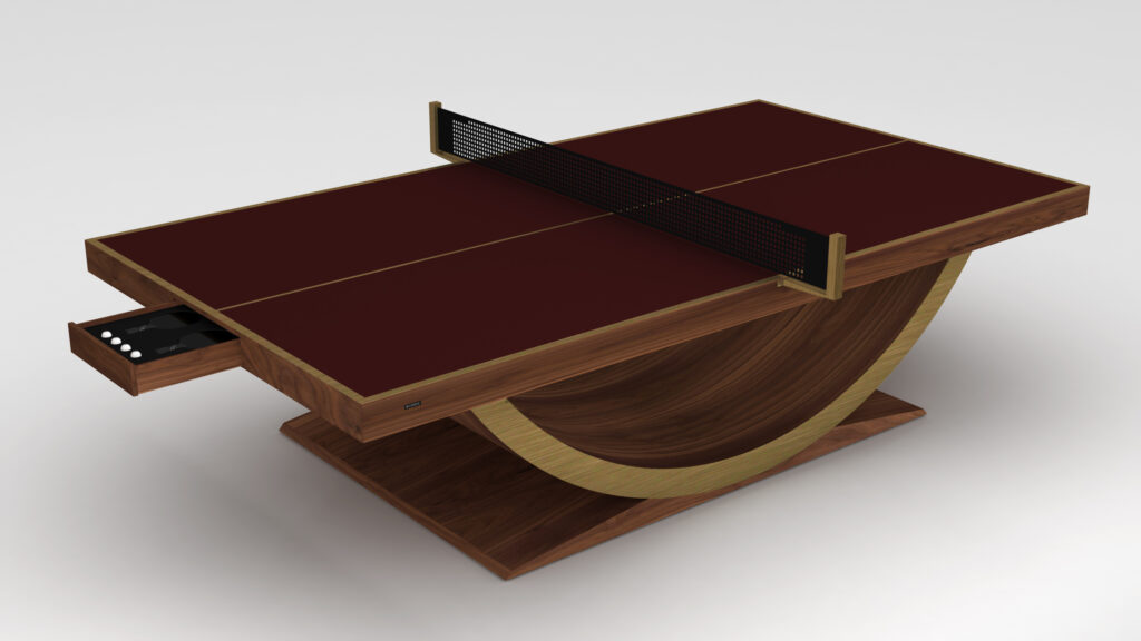 The Theseus Ping Pong Table features a dark wood finish, gold accents, built-in net, open side drawer for accessories, and a unique curved base that enhances its modern look.