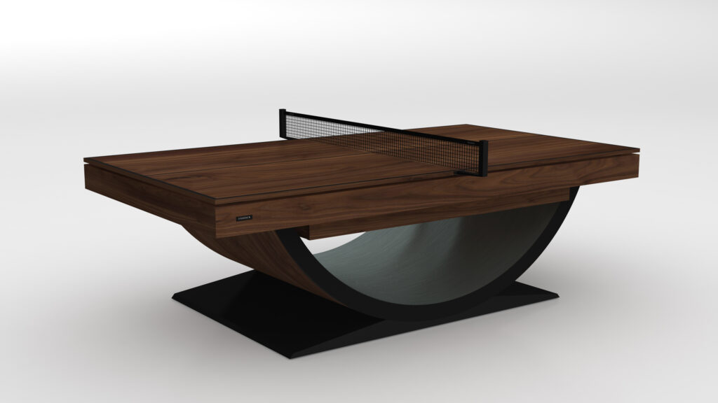 The Theseus Ping Pong Table features a modern wooden top, central black net, and curved wood base on a flat black platform, shown against a plain white background.