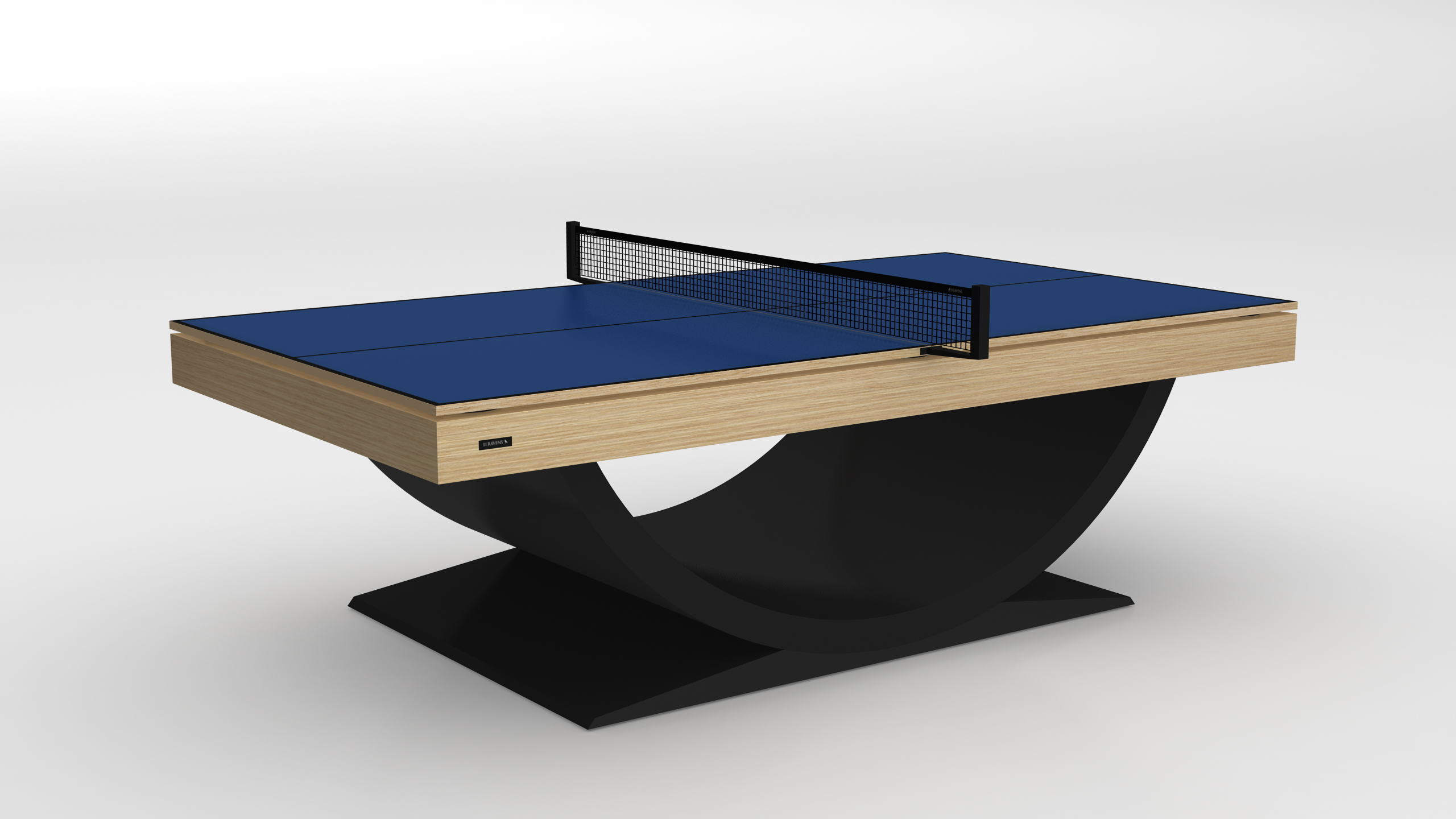 The Theseus Ping Pong Table boasts a sleek blue playing surface, wood edges, a black net, and a distinct curved black base, all showcased on a white background.