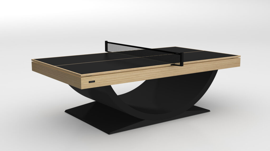 The Theseus Ping Pong Table features a modern design with a black playing surface, wooden edges, and a curved black base, shown on a plain white background.