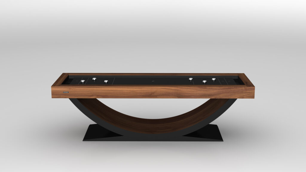 The Theseus Shuffleboard Table showcases a modern design with a rectangular wooden top and a curved wooden base on a black platform, all set against a plain white background.