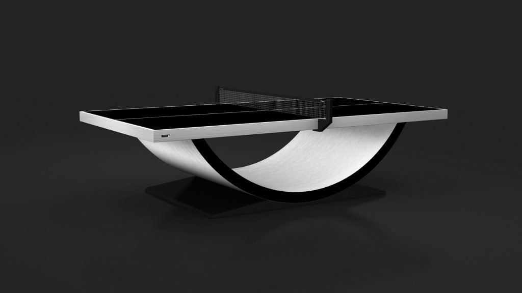 Introducing the Theseus Ping Pong Table, a sleek modern masterpiece featuring a black tabletop and net on an artistic white curved base atop a black platform, set against a dark background.