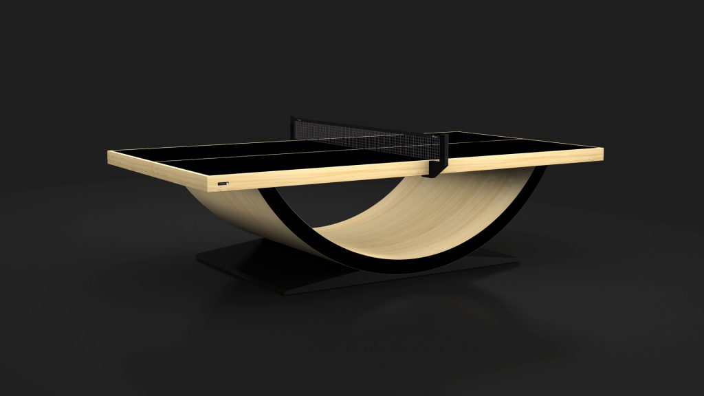 The Theseus Ping Pong Table features a distinctive curved wooden base and a chic black playing surface, with its net set perfectly against the sleek dark background, offering modern elegance in recreational design.