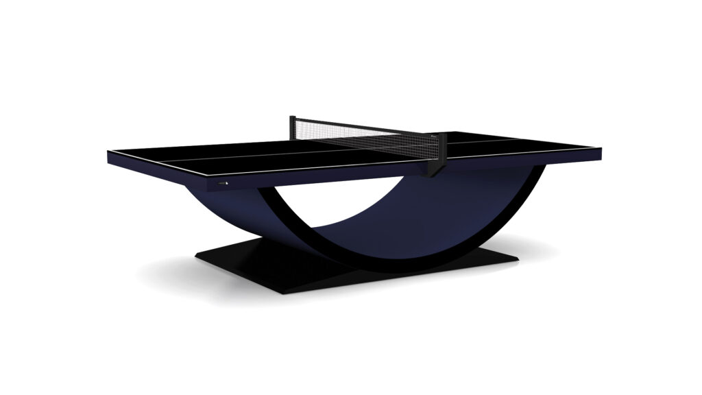 The Theseus Ping Pong Table boasts a sleek black surface, distinctive curved U-shaped base, rectangular platform, and a mesh net for a modern, sophisticated appearance.