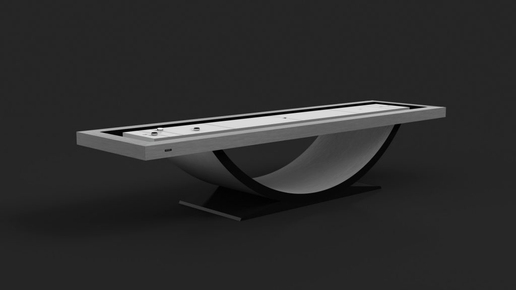 The Theseus Shuffleboard Table boasts a sophisticated look with its sleek, rectangular playing surface on a curved metal base against a dark backdrop.