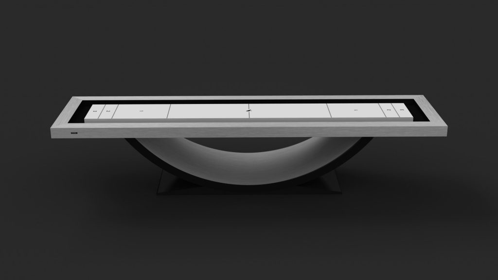 The Theseus Shuffleboard Table is a modern, minimalist piece featuring a sleek metallic finish, rectangular playing surface, and U-shaped support structure against a dark background.