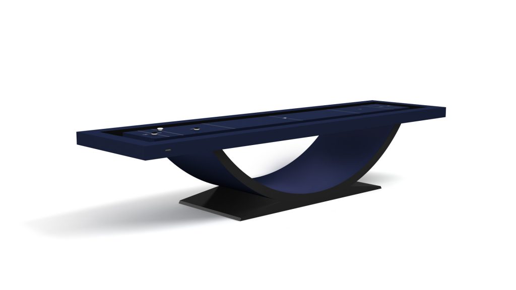 Presenting the Theseus Shuffleboard Table: a navy blue modern gem with a sleek curved base on a black stand, highlights minimalist design with pucks on display and embodies contemporary elegance.