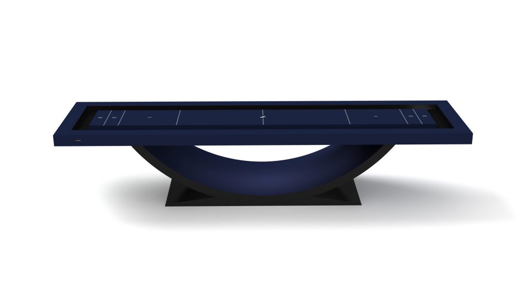 The Theseus Shuffleboard Table boasts a modern design with a navy blue playing surface, a curved black base, and a crisp white background.