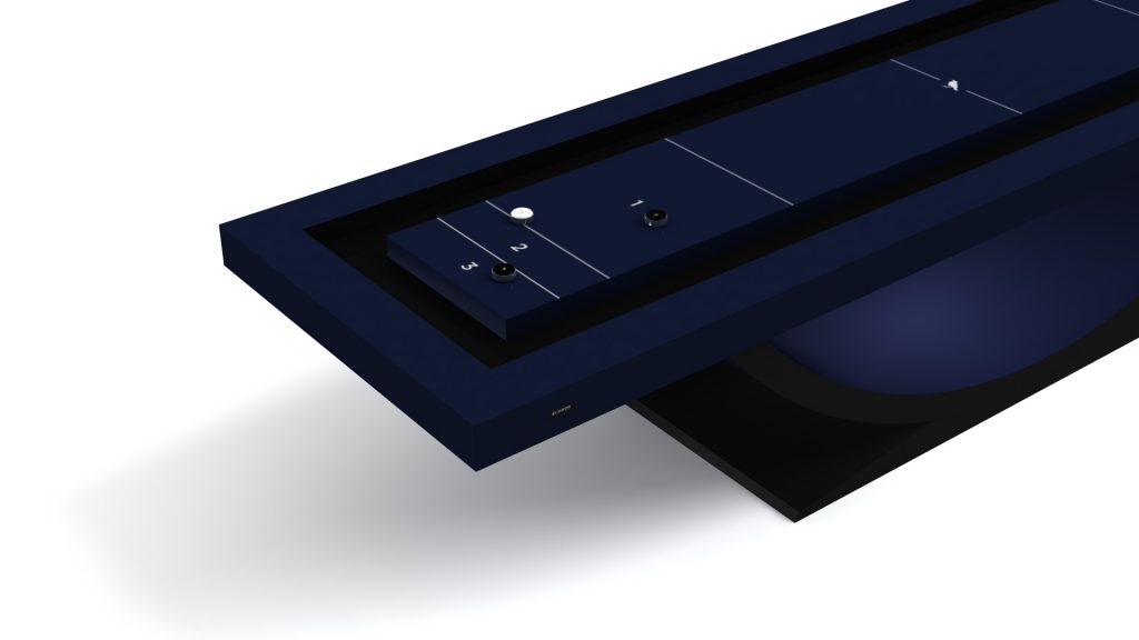 The Theseus Shuffleboard Table is a sleek, rectangular dark blue board with a minimal design, featuring marked lines and two game pieces—one black and one white—set against a plain white background.
